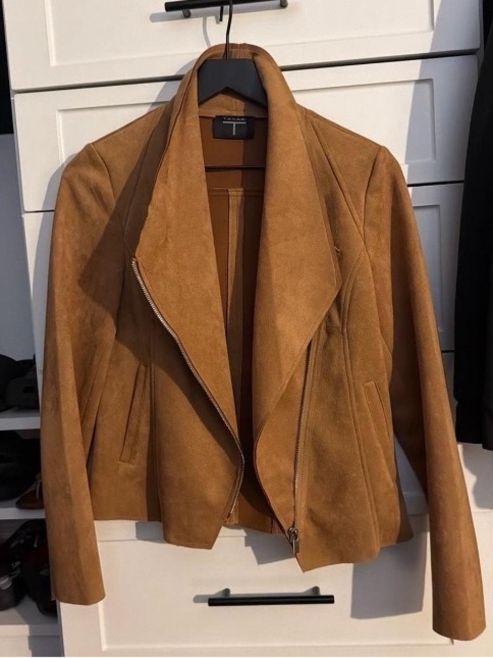 Tahari Tan Suede Asymmetric Moto Jacket